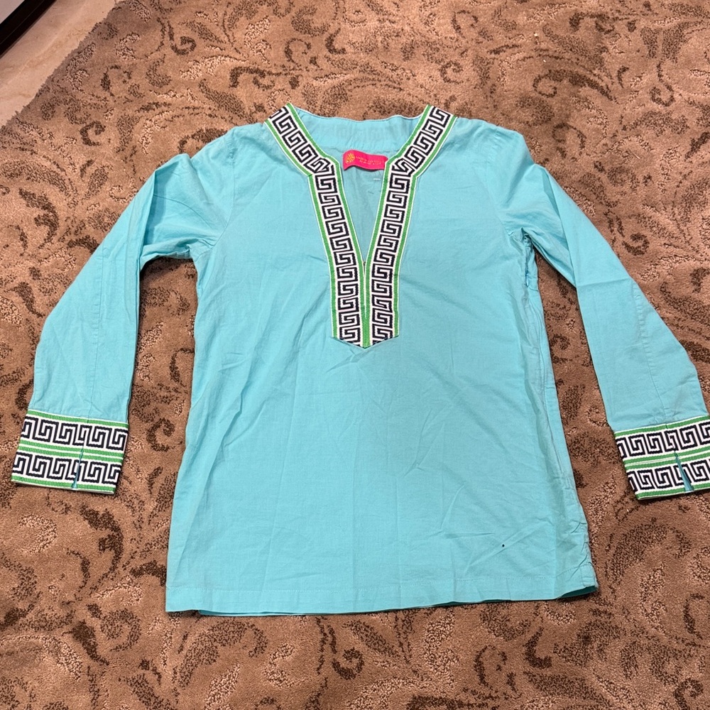Aqua Long Sleeve Tunic with Greek Key Trim